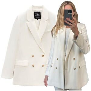 Zara Off White Long Oversized Double Breasted Bridal Blazer Jacket
